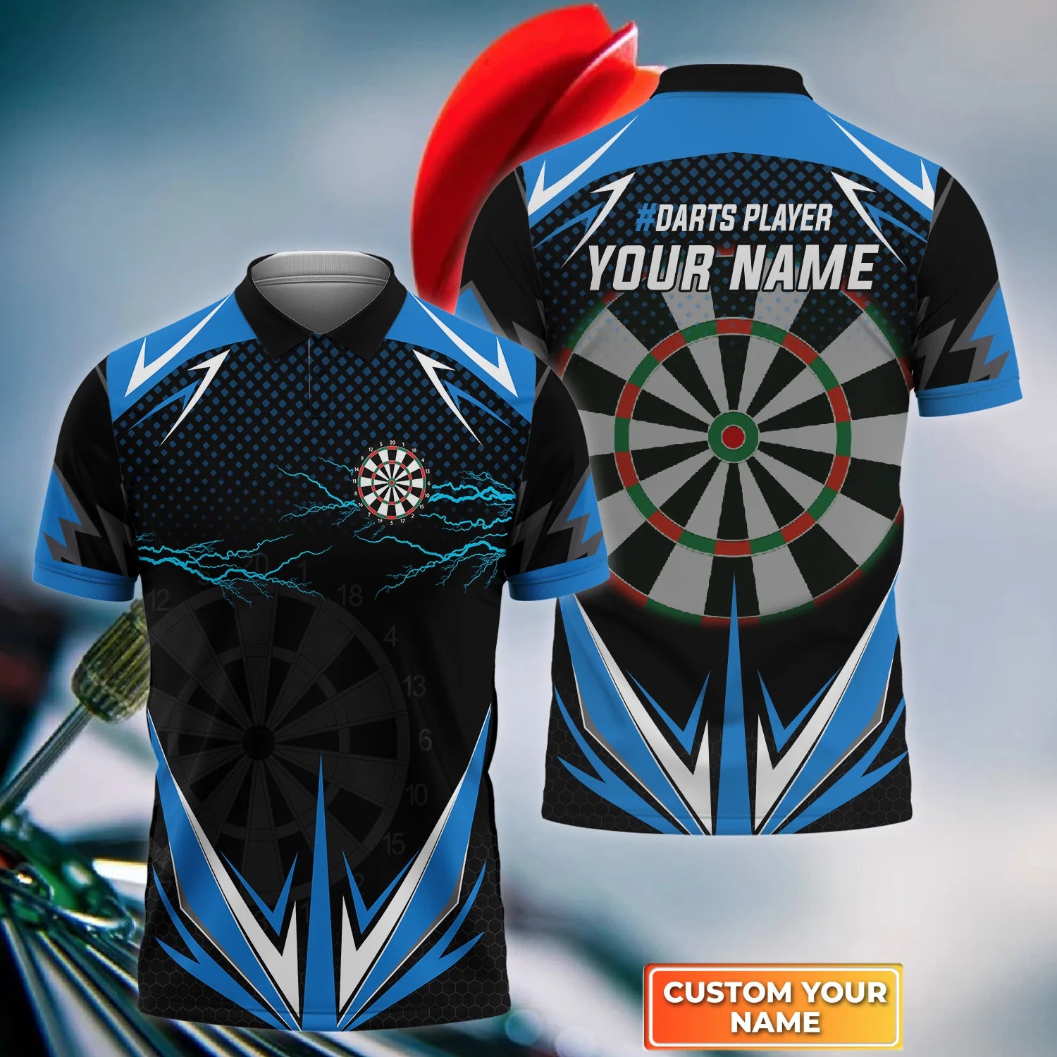 Personalized 3D Polo Shirt for Dart Enthusiasts: Blue Lightning with Custom Name, Ideal for Men’s Dart Team Shirts – DP109