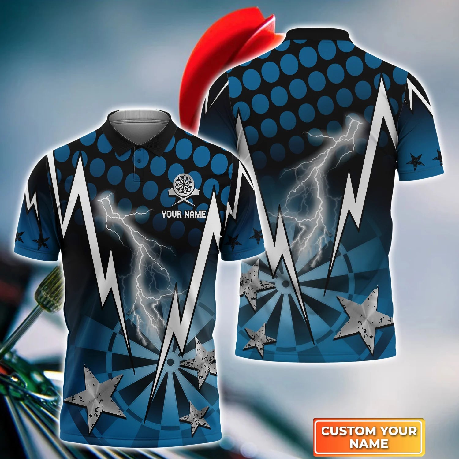 Personalized 3D Polo Shirt for Darts Enthusiasts: Blue Thunder and Lightning Design for Men’s and Team Dart Shirts – DP108