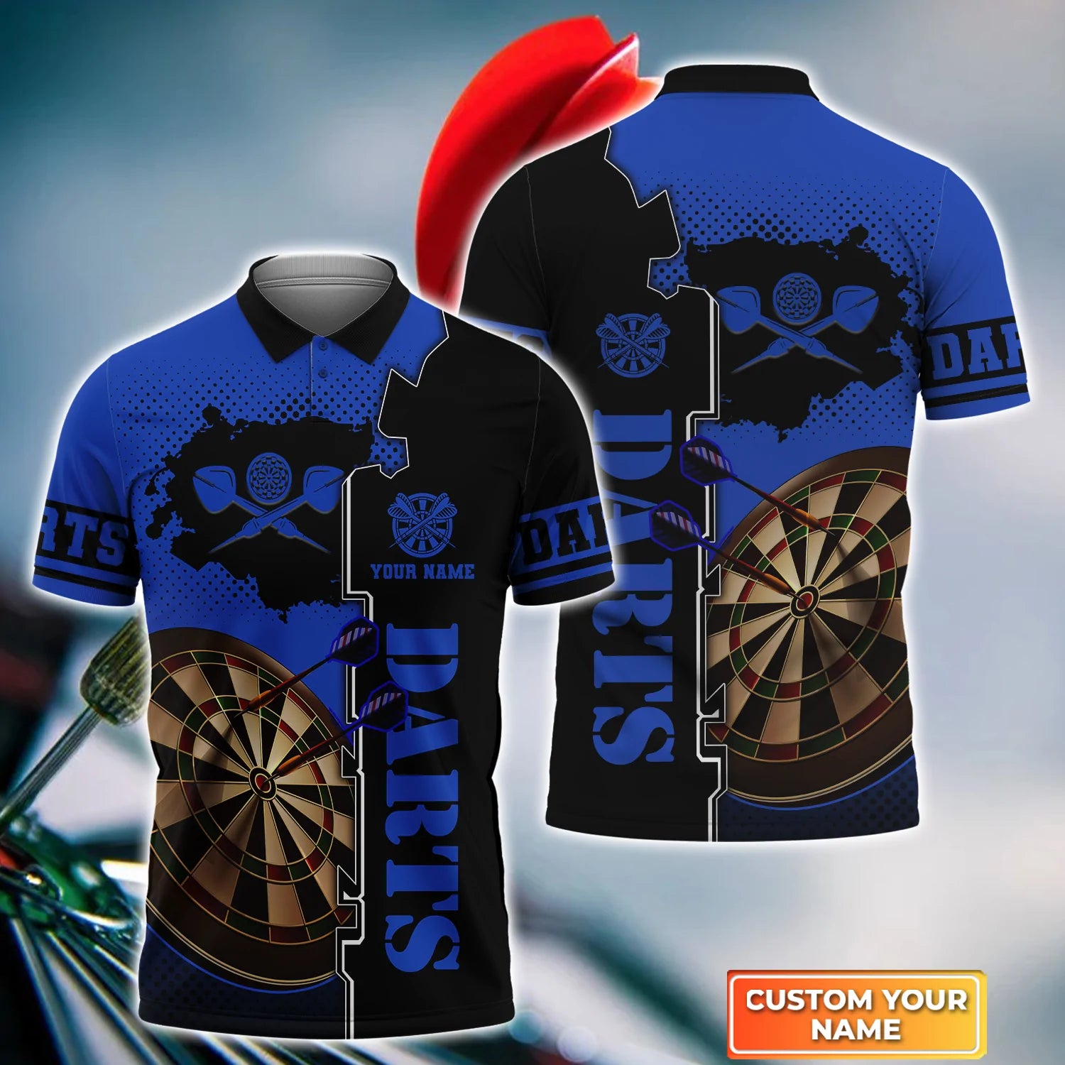 Personalized 3D Polo Shirt with Name and Blue Dartboard Design for Darts Team Players, Men’s Dart Polo Shirt, Team Dart Shirts – DP111