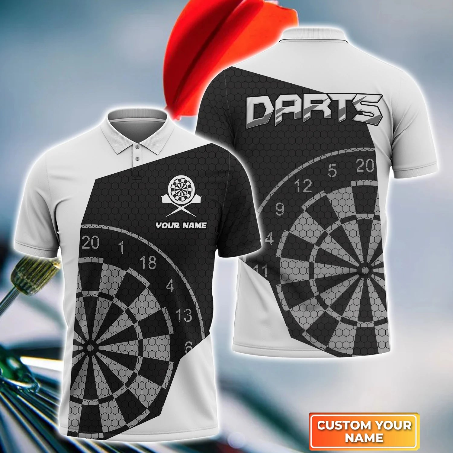 Personalized 3D Polo Shirt with Name for Darts Players: White Dart Men’s Polo Shirt and Team Shirts – DP115