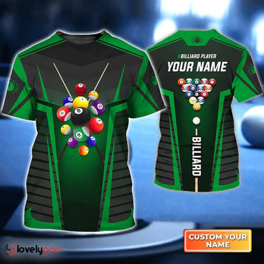 Personalized 3D T-shirt with All-Over Print of Green Billiard Balls and Name for Men, Ideal Gift for Billiard Team Players – BT006