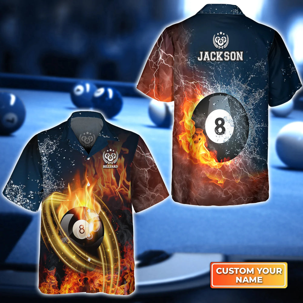 Personalized Name 3D Hawaiian Shirt with 8 Ball Billiard Design, Perfect Gift for Billiard Players on Fire – BIH082