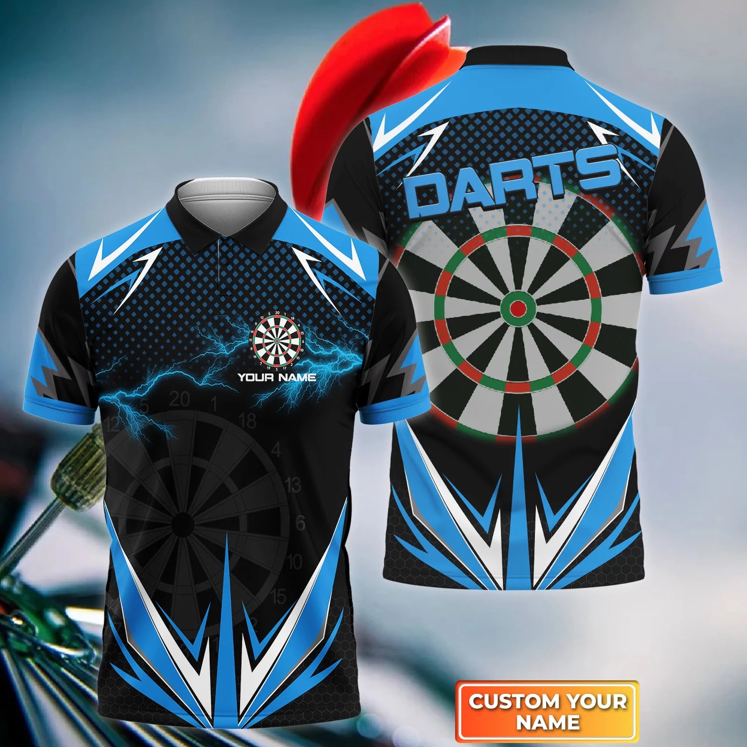 Polo Shirt for Darts Players: Blue Lightning 3D Design for Men and Teams – DP110