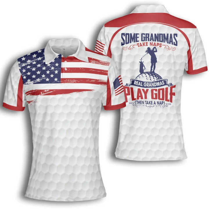 Real Grandmas Play Golf American Flag Short Sleeve Woman Polo Shirt: Not All Grandmas Take Naps – GP449