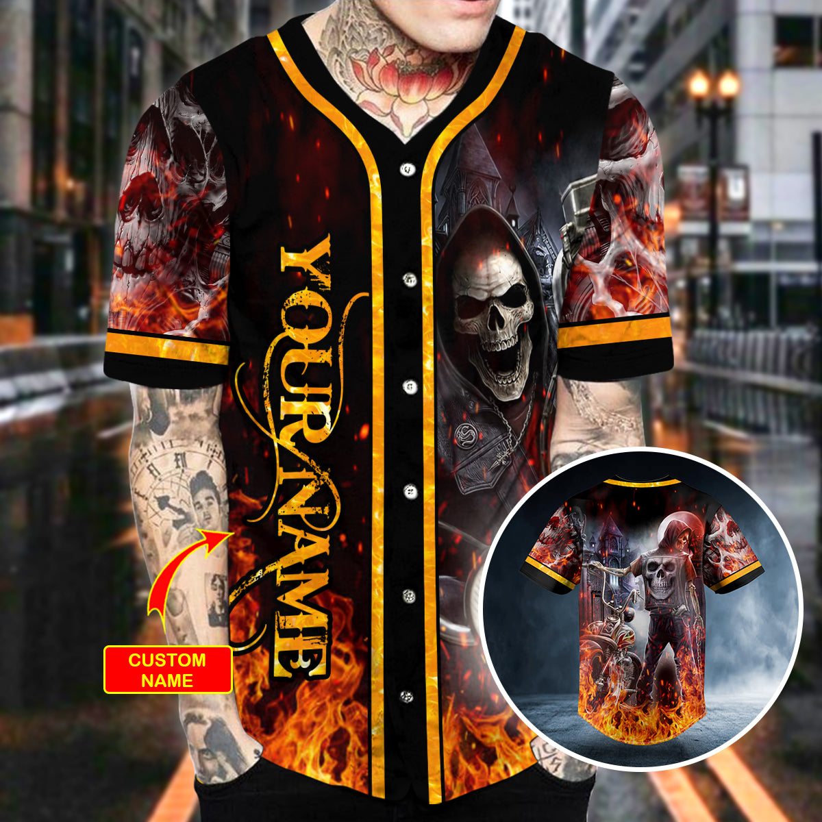 Reaper Rider Fire Skull Custom Baseball Jersey | BSJ-1109