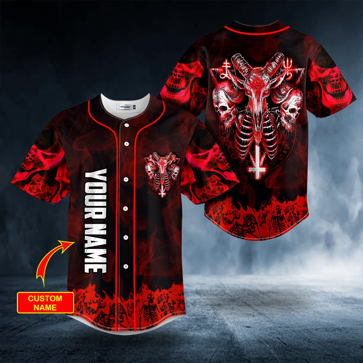 Red Baphomet Evil Skull Custom Baseball Jersey | BSJ-531