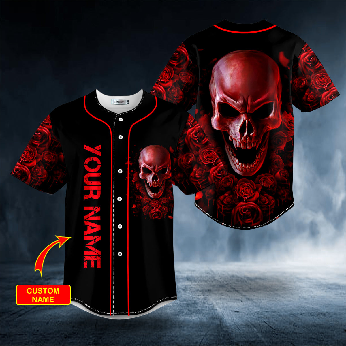 Red Rose Blood Skull Custom Baseball Jersey | BSJ-501