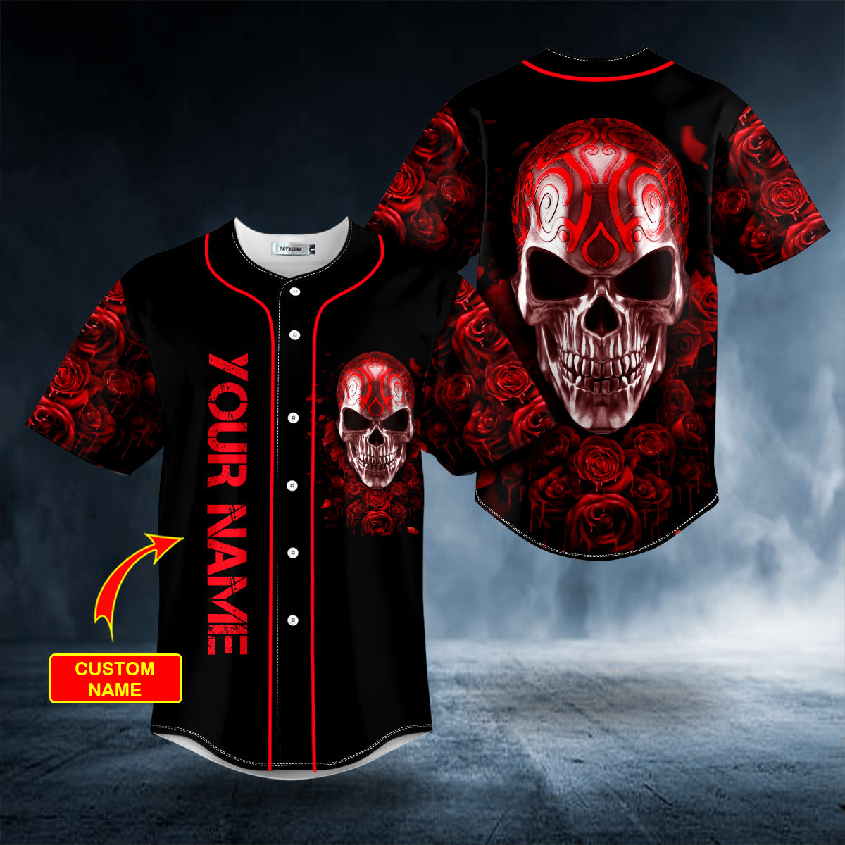 Red Roses Tribal Metal Skull Custom Baseball Jersey | BSJ-746
