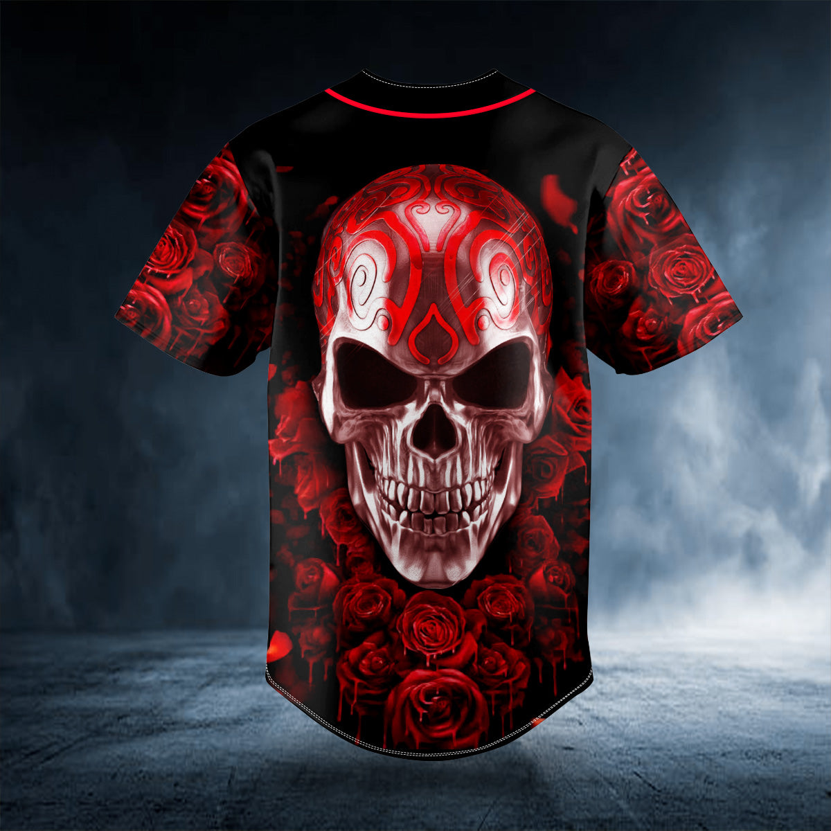 Red Roses Tribal Metal Skull Custom Baseball Jersey | BSJ-746