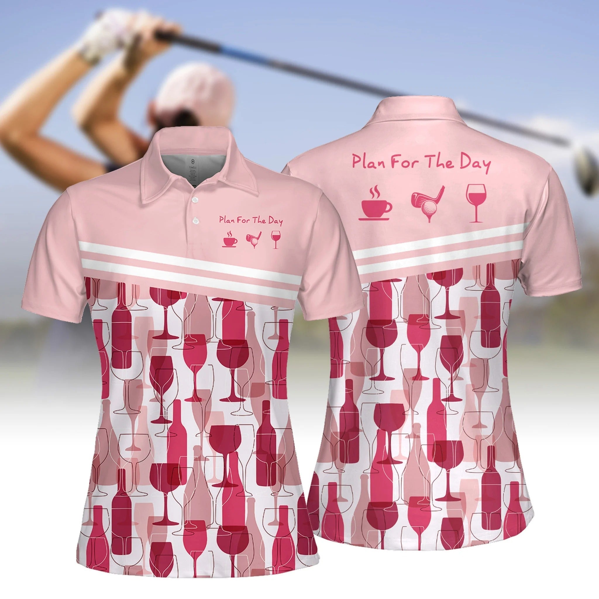Seamless Pattern of Woman’s Polo Shirt with Coffee, Golf, and Wine Day Plan – GP455