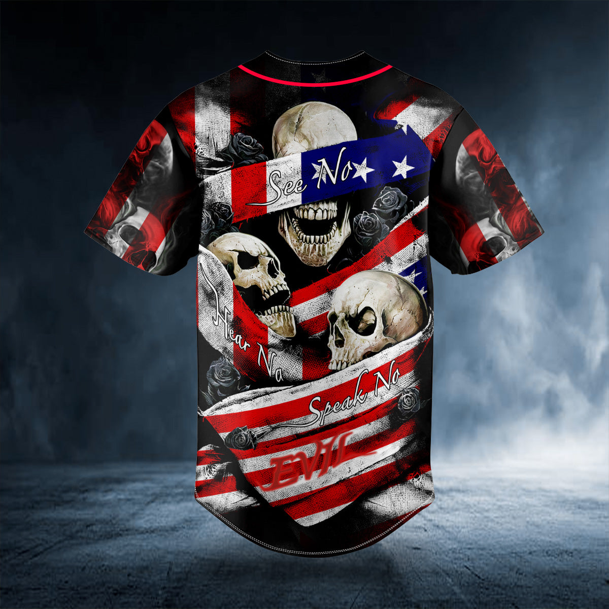 See No Hear No Speak No Evil USA Flag Skull Custom Baseball Jersey | BSJ-895