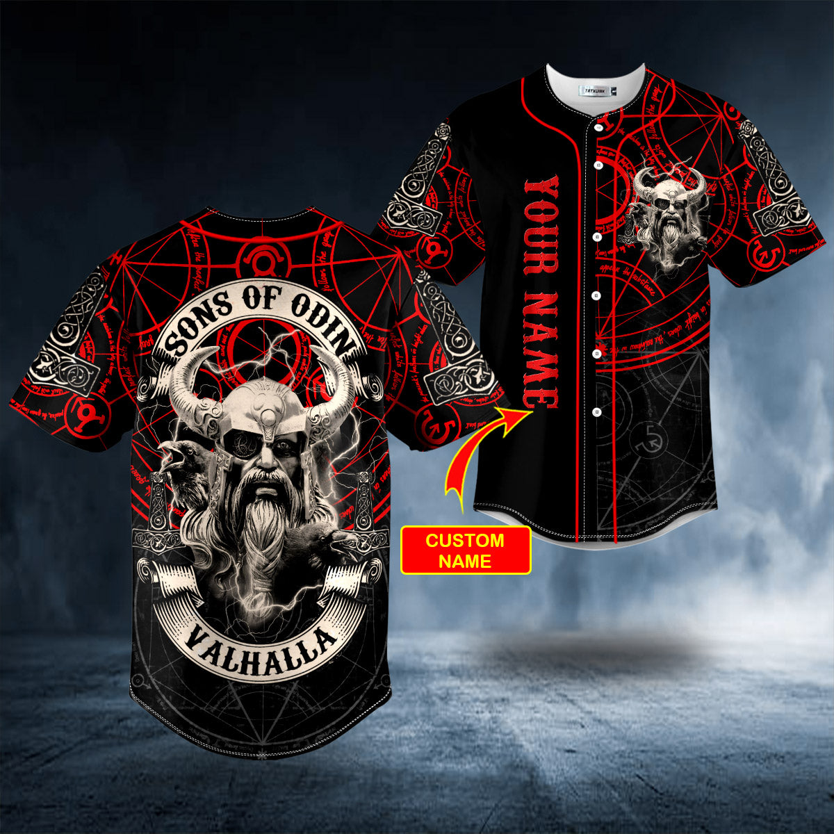 Son of Odin Valhalla Viking Odin Fantasy Red Lightning Custom Baseball Jersey | BSJ-686