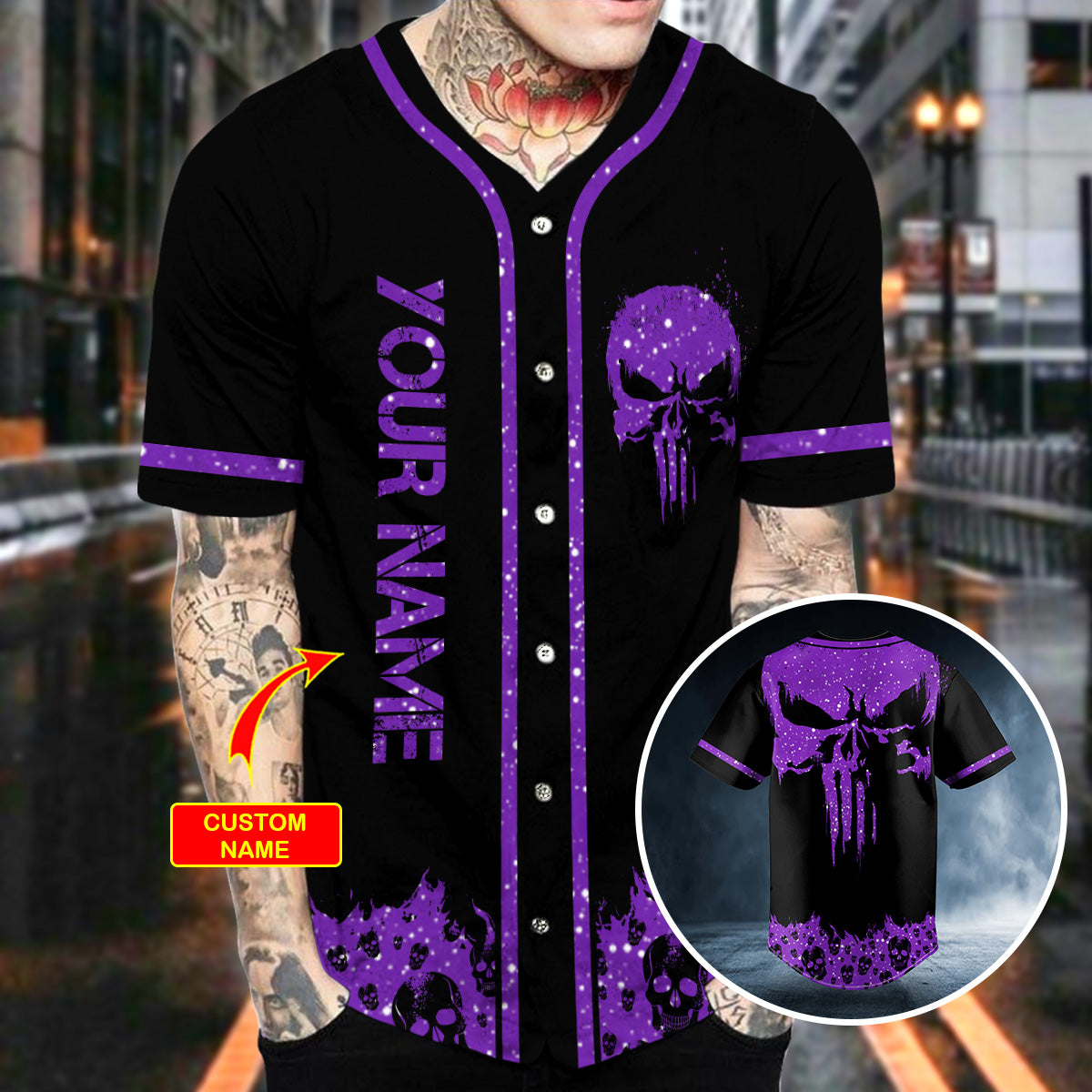 Violet Punisher Skull Custom Baseball Jersey | BSJ-514