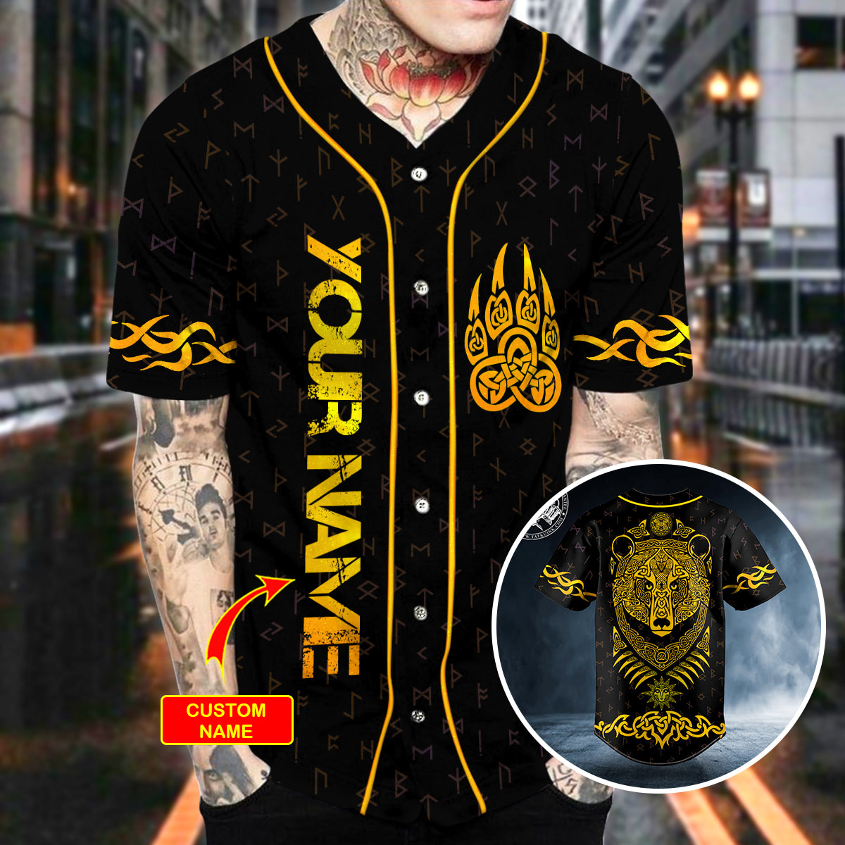 yellow bear viking tattoo custom baseball jersey bsj 661 kg5rh