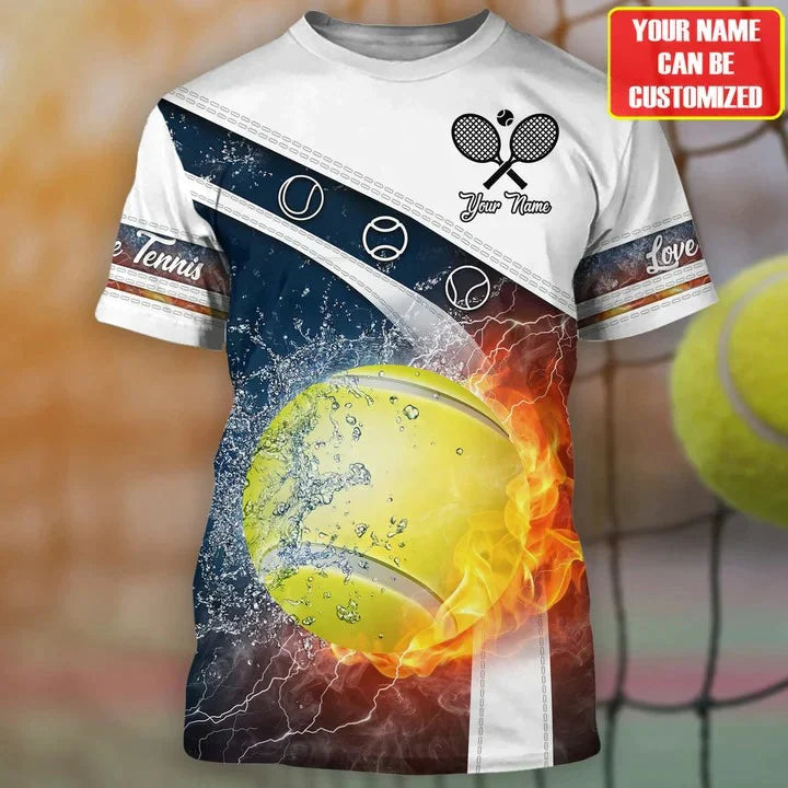 3D Tennis Tshirt with Custom Name and Fire Ball Pattern – TET007