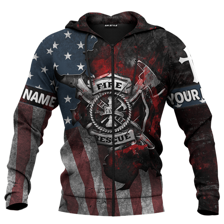 3D Zip Hoodie with American Flag featuring Jesus as a Firefighter: A Religious Gift for Firefighters and Jesus Lovers – JEZ011