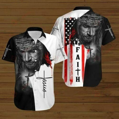 Aloha Shirt with Christian Symbols: American Flags, God, Jesus, Cross, Faith, Easter Day – All Printed in 3D – JEH025