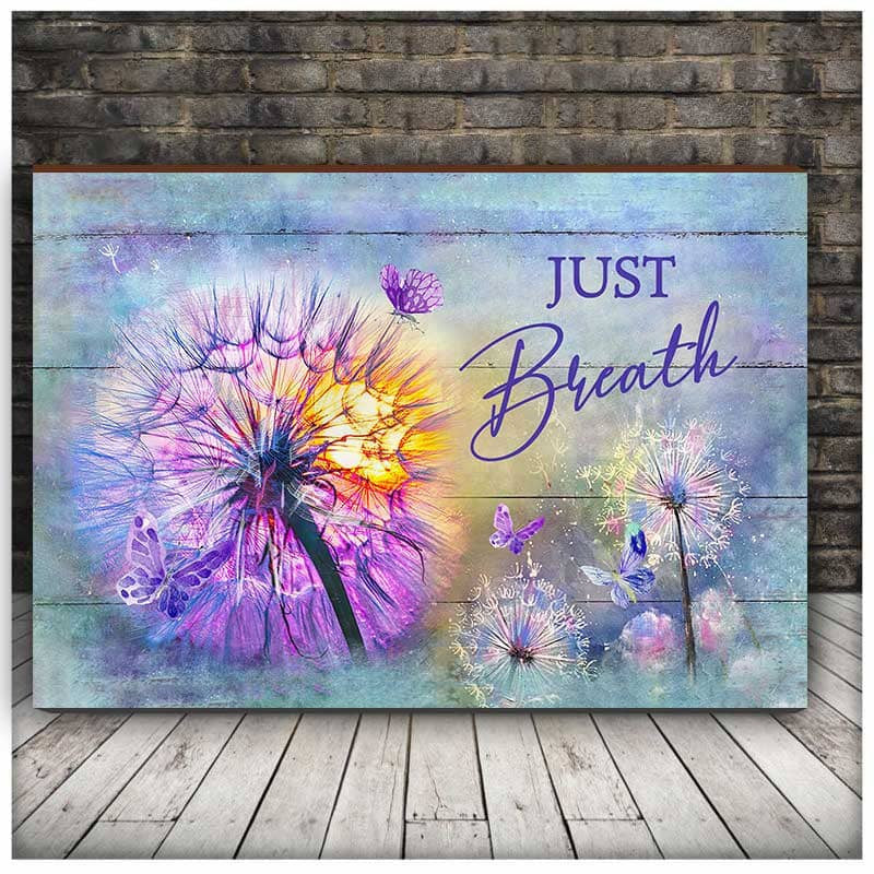 Bedroom Wall Art: Just Breathe Jesus Canvas Prints Featuring a Colorful Dandelion and a Purple Butterfly in Watercolor Painting – JEW142