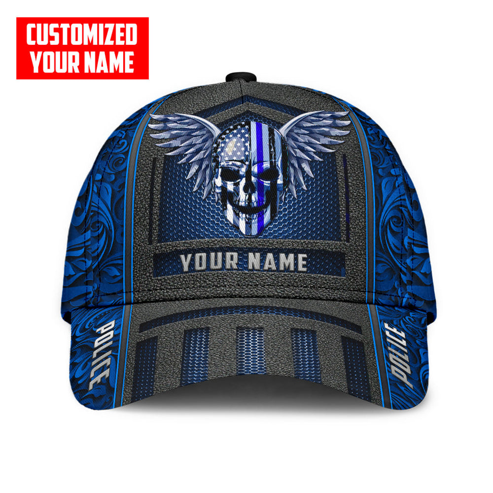 Blue Skull Baseball Cap Hat with Customized Name and Police Skull Classic Design – SKC014