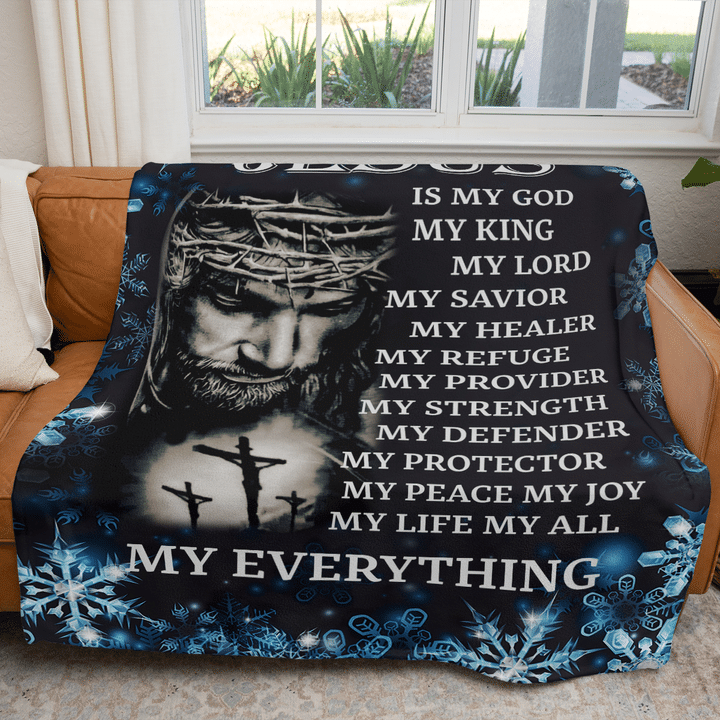 Christian Fleece Blanket Featuring Jesus as My God, King, Lord, and Savior with a Printed Cross and Snowflakes – JEB020