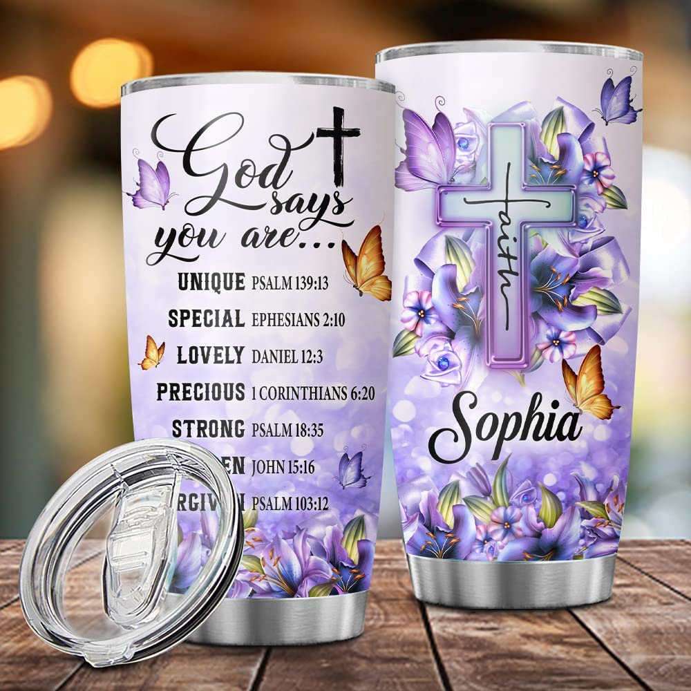 Christian Tumbler for Women with Personalized Faith Bible Inspiration and Religious Coffee Design in Purple – JETU006
