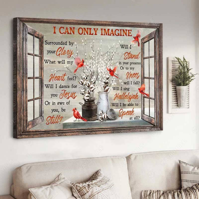 Christian Wall Art for Living Room Decor featuring Cardinal Painting and Cotton Flower with the Inspiring Message of “I Can Only Imagine” – JEW141