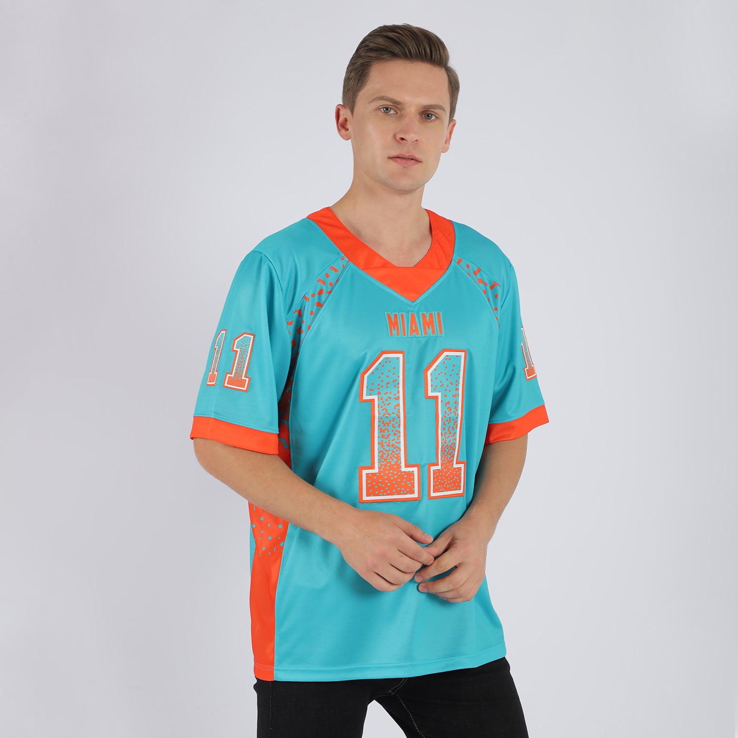 Custom Aqua Orange-White Mesh Drift Fashion Football Jersey| CFJ-0022