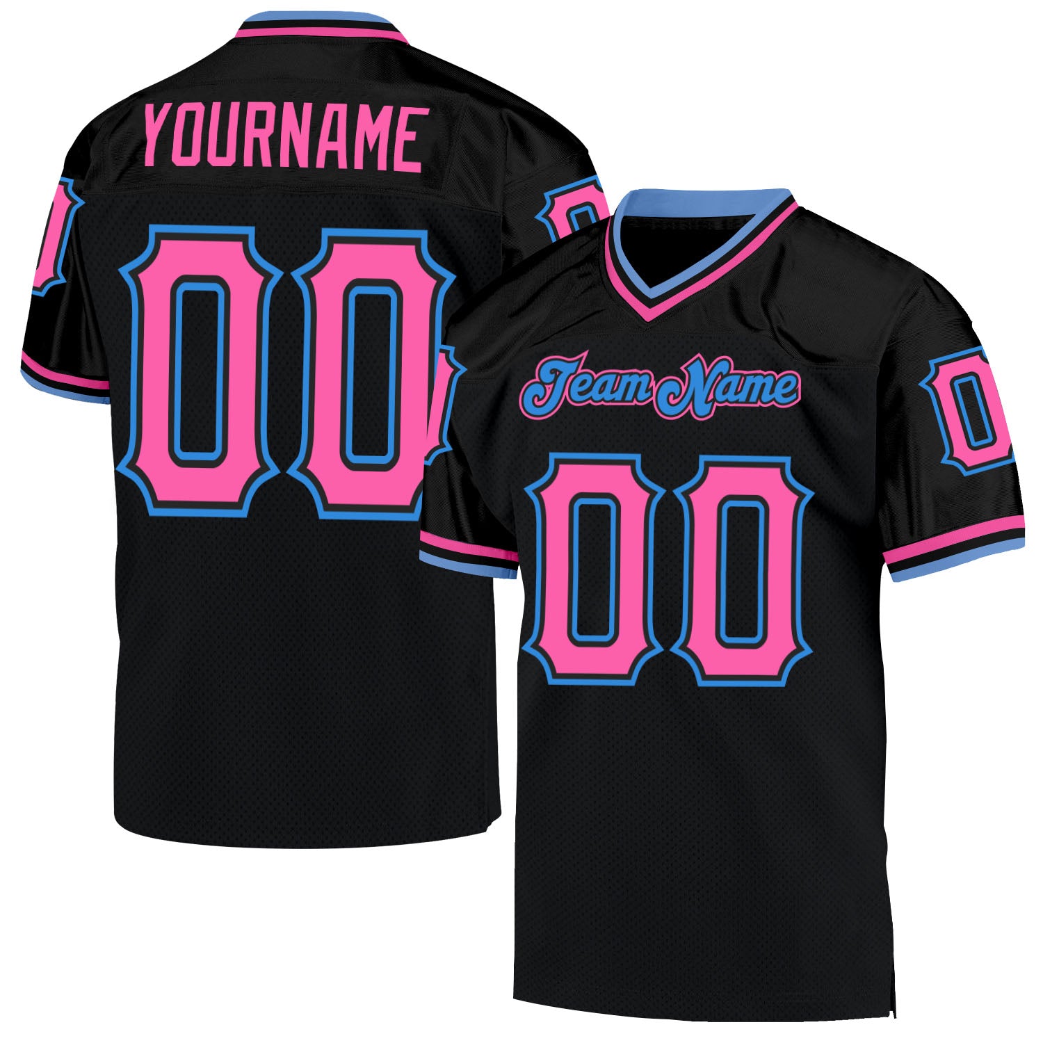 Custom Black Pink-Powder Blue Mesh Authentic Throwback Football Jersey| CFJ-0023
