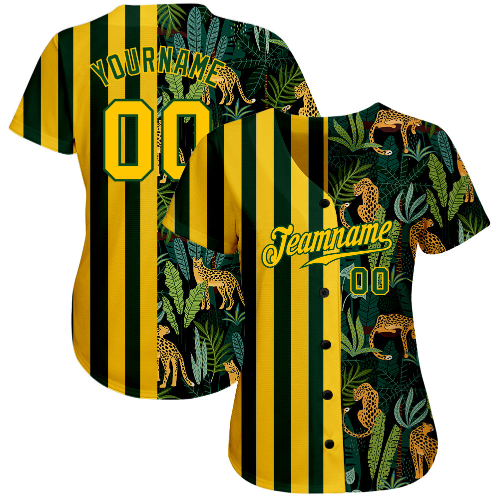 custom green gold black 3d pattern design leopards and tropical leaves authentic baseball jersey cbj 1912 zwlqw