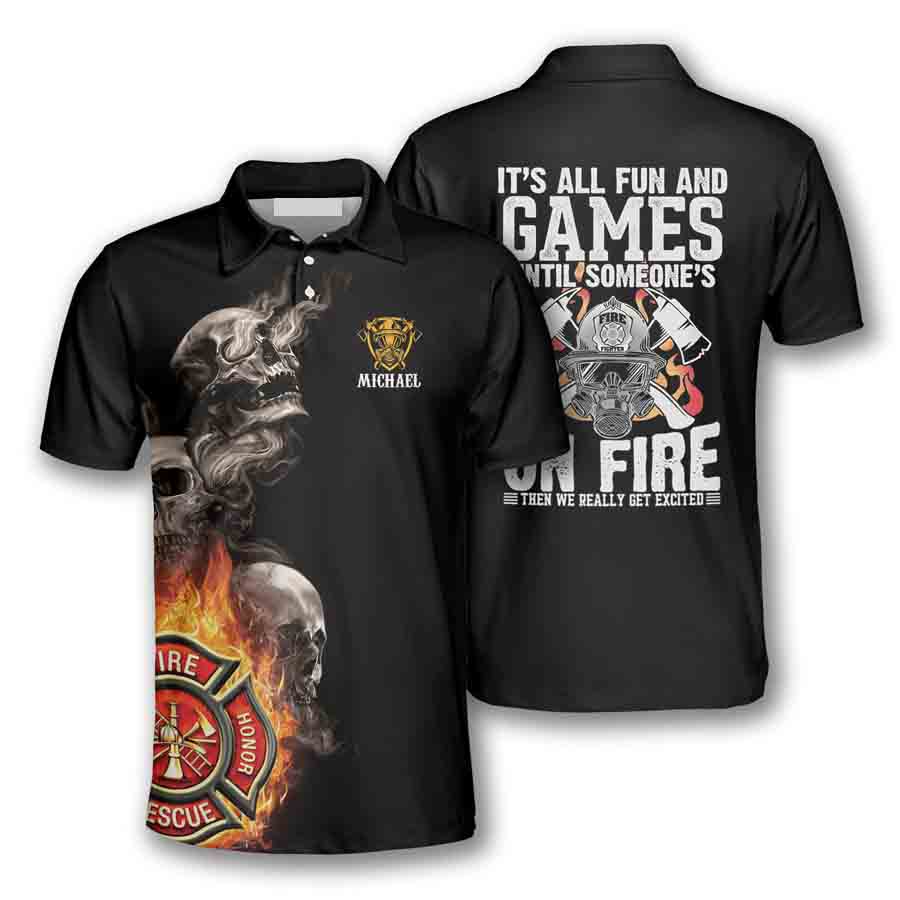 custom mens firefighter polo shirts with a humorous skull and flame design skp070 g8cu5