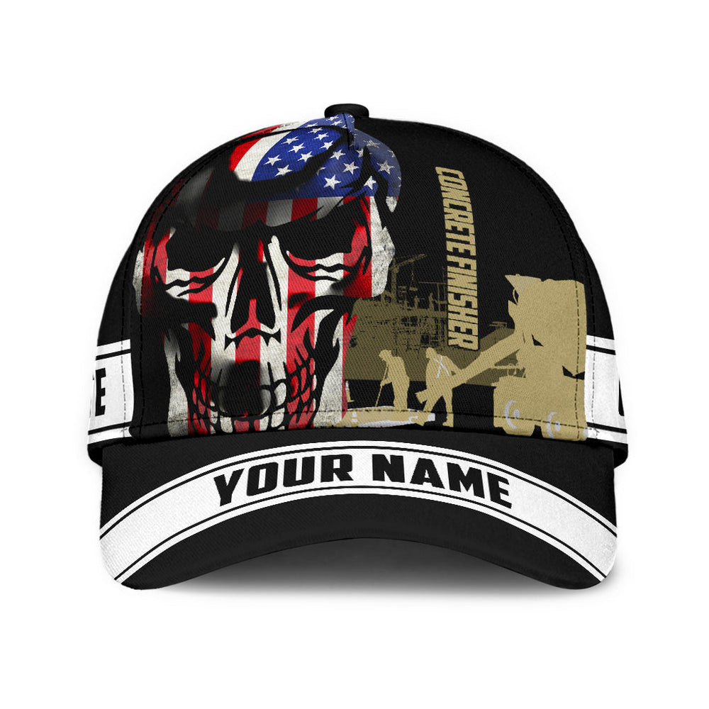 Custom Name American Flag Skull Concrete Finisher Cap Hat – SKC015