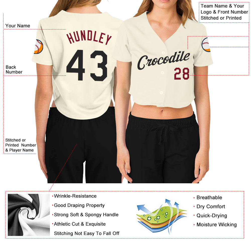 Custom Women’s Cream Black-Crimson V-Neck Cropped Baseball Jersey | CBJ-3786
