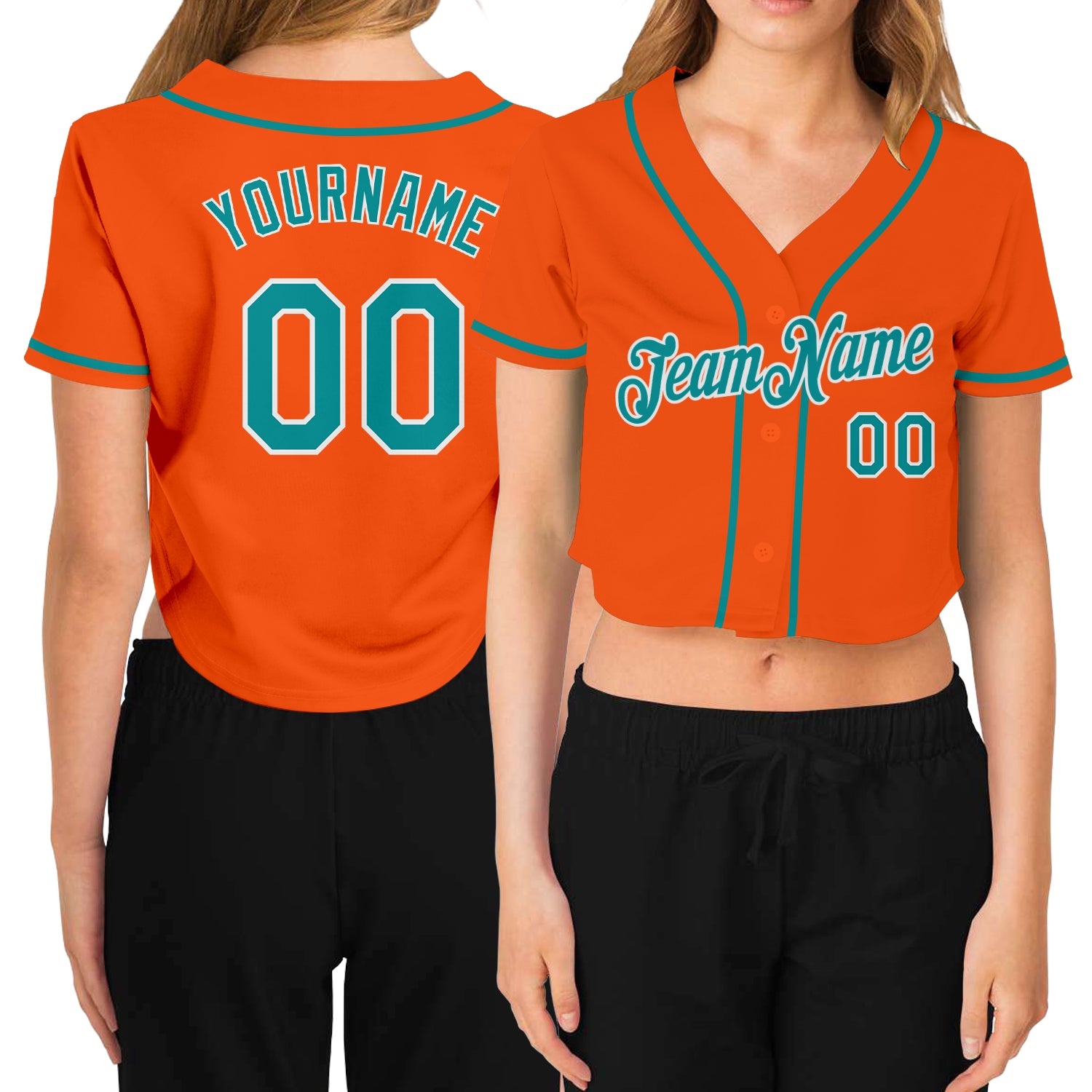 custom womens orange aqua white v neck cropped baseball jersey cbj 3855 okxpr