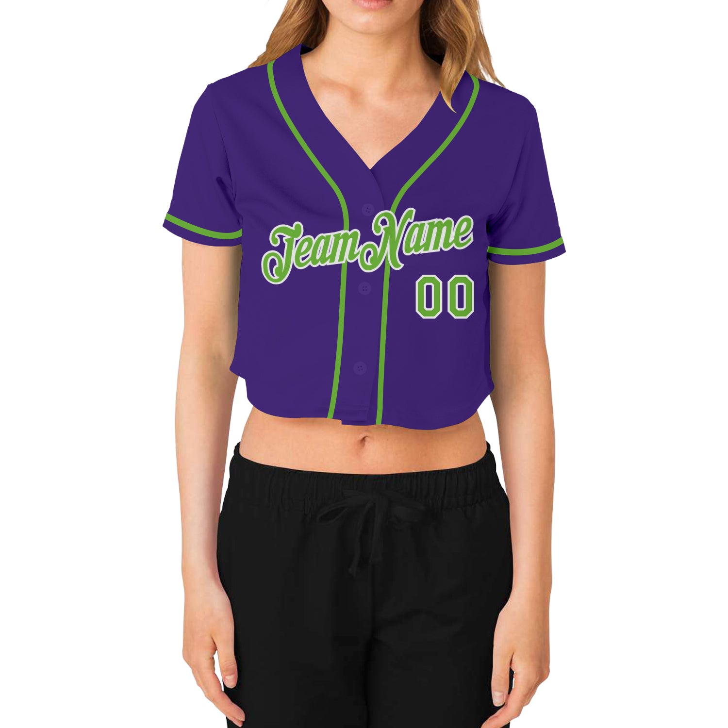custom womens purple neon green white v neck cropped baseball jersey cbj 3792 ejaek