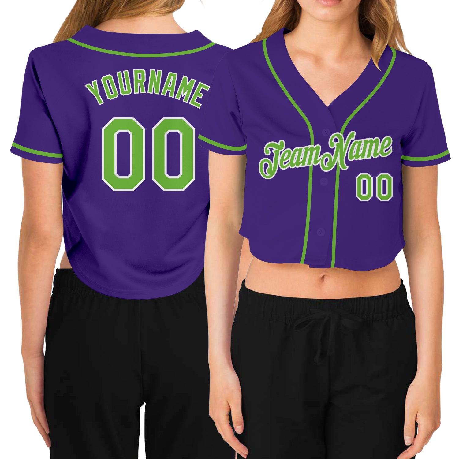 custom womens purple neon green white v neck cropped baseball jersey cbj 3792 kuvmy