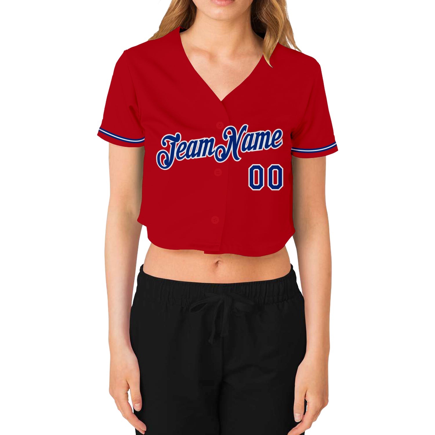 custom womens red royal white v neck cropped baseball jersey cbj 3688 n86eg