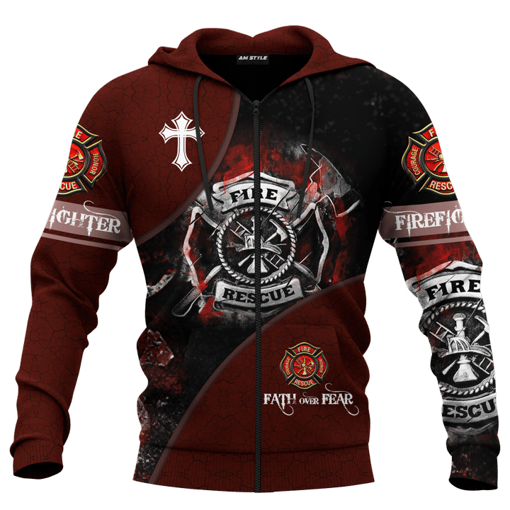Customized 3D Zip Hoodie: Jesus and Firefighting Faith Conquer Fear – JEZ010