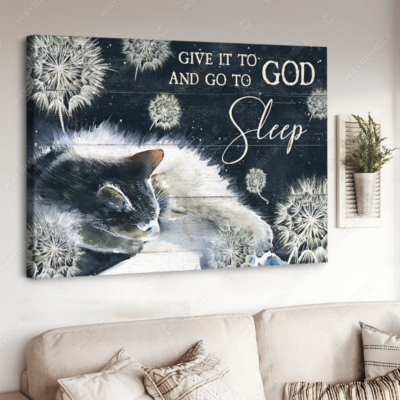 Give it to God and Rest Easy Canvas featuring Cat Painting and Dandelion Jesus Wall Art – JEW146