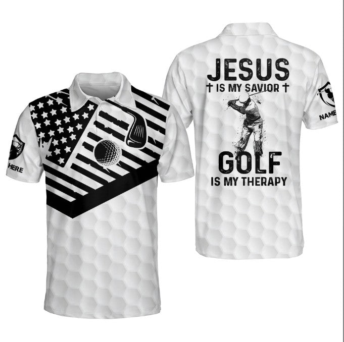 Golf Polo Shirt with Custom Name: My Savior is Jesus, My Therapy is Golf – Perfect Gift for Golfers and Golf Club Enthusiasts. – JEP003