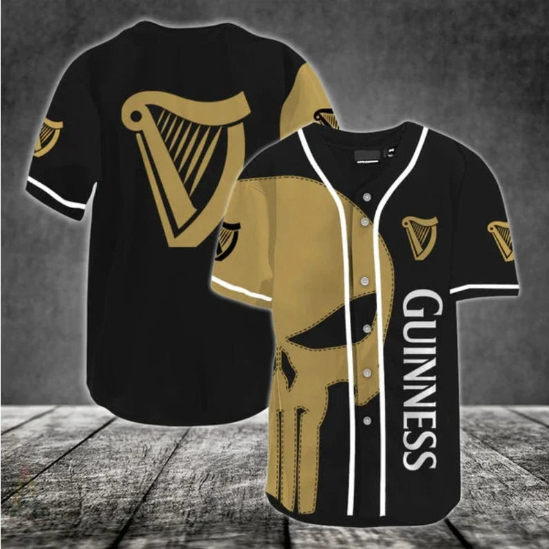 Men’s Baseball Jersey with Brown Skull and Guinness Print on Entire Shirt – SKB030