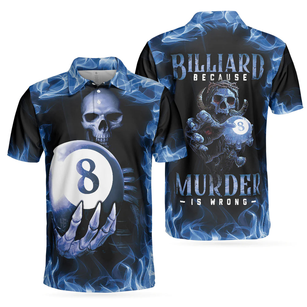 Men’s Blue Flame Polo Shirt with Billiards Murder and Skull Eight Ball Design – SKP086