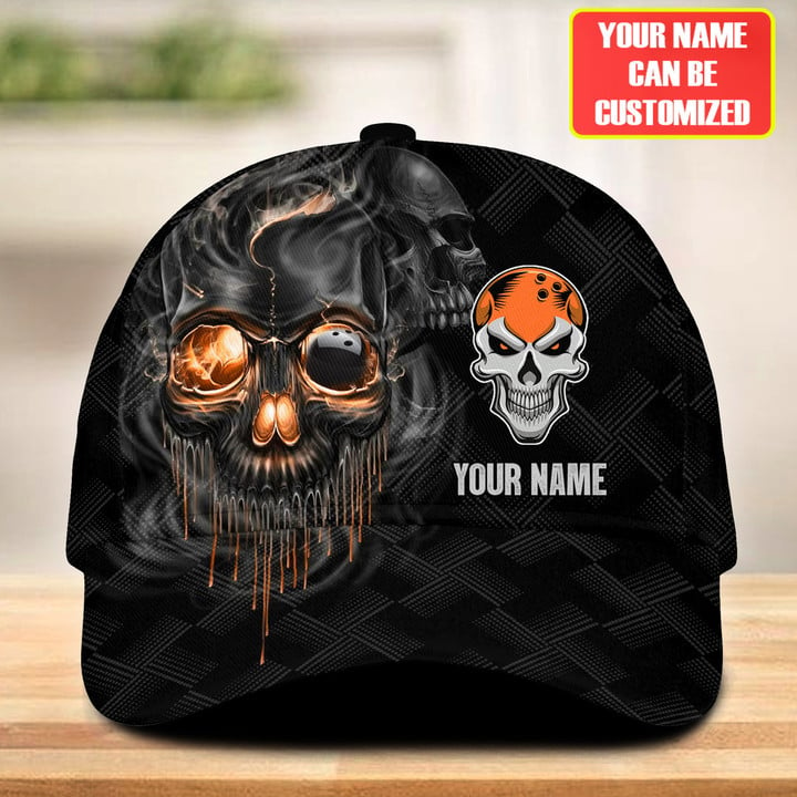 Men’s Bowling Classic Cap with Orange Skull and Personalized Name, Perfect Gift for Bowling Enthusiasts – SKC005