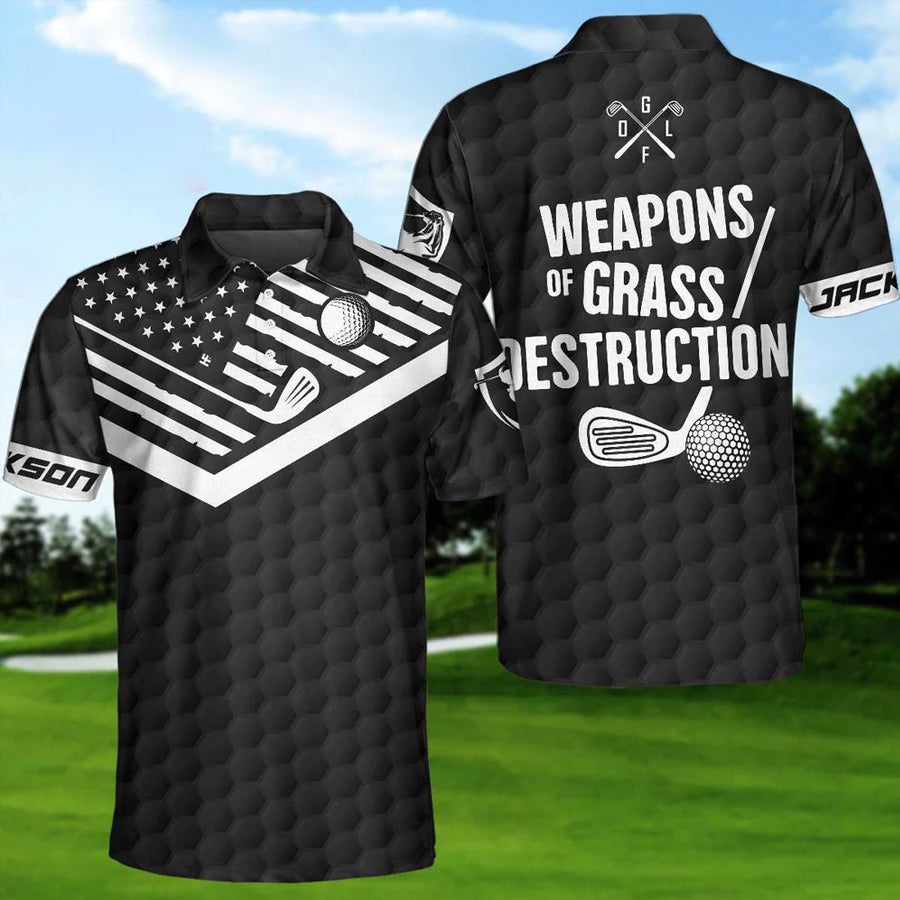 Men’s Personalized Black American Flag Tennis Shirt with Weapons of Grass Destruction Design – TEP003