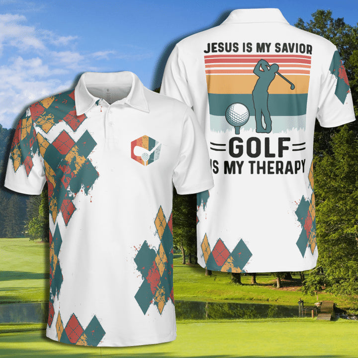 Men’s Polo Shirt with White Golf Therapy Jesus My Savior Design – JEP001