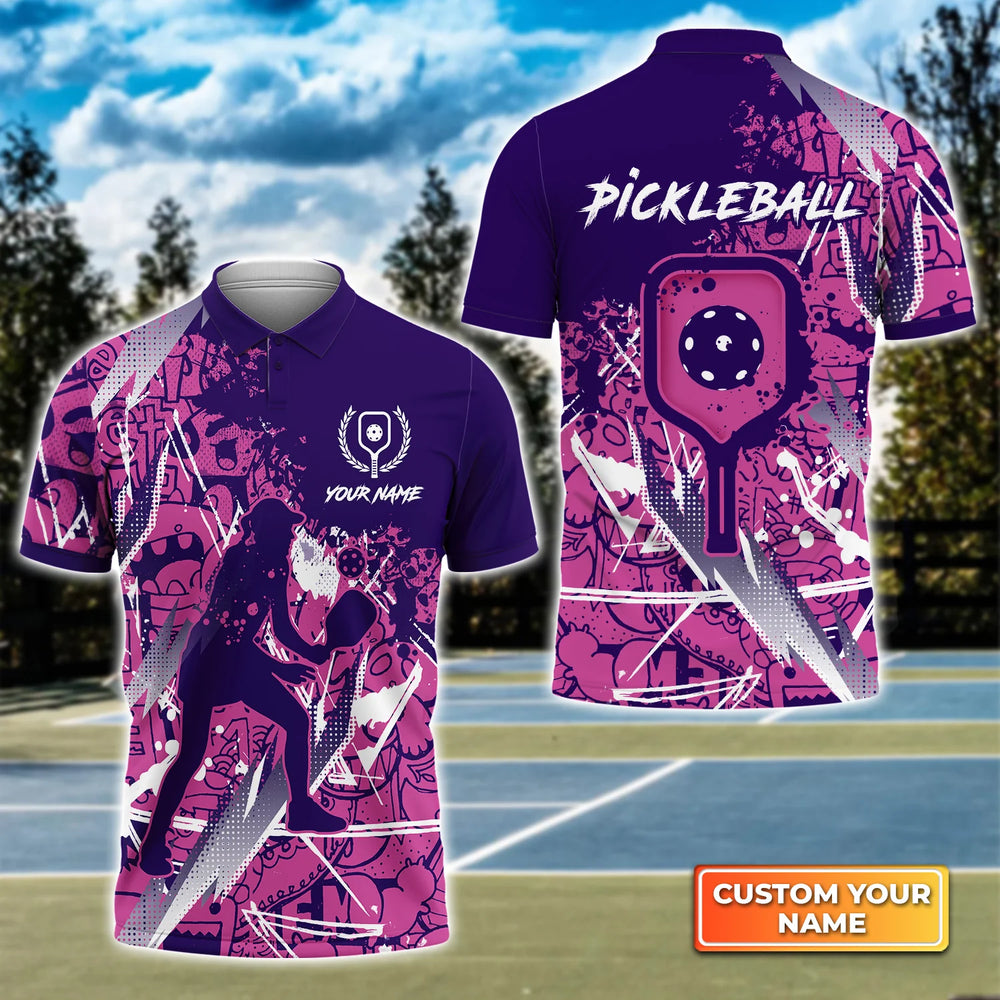Personalized 3D Polo Shirt with Purple Pink Pattern and Scritch Woman Design – Perfect Gift for Pickleball Players – PIP002