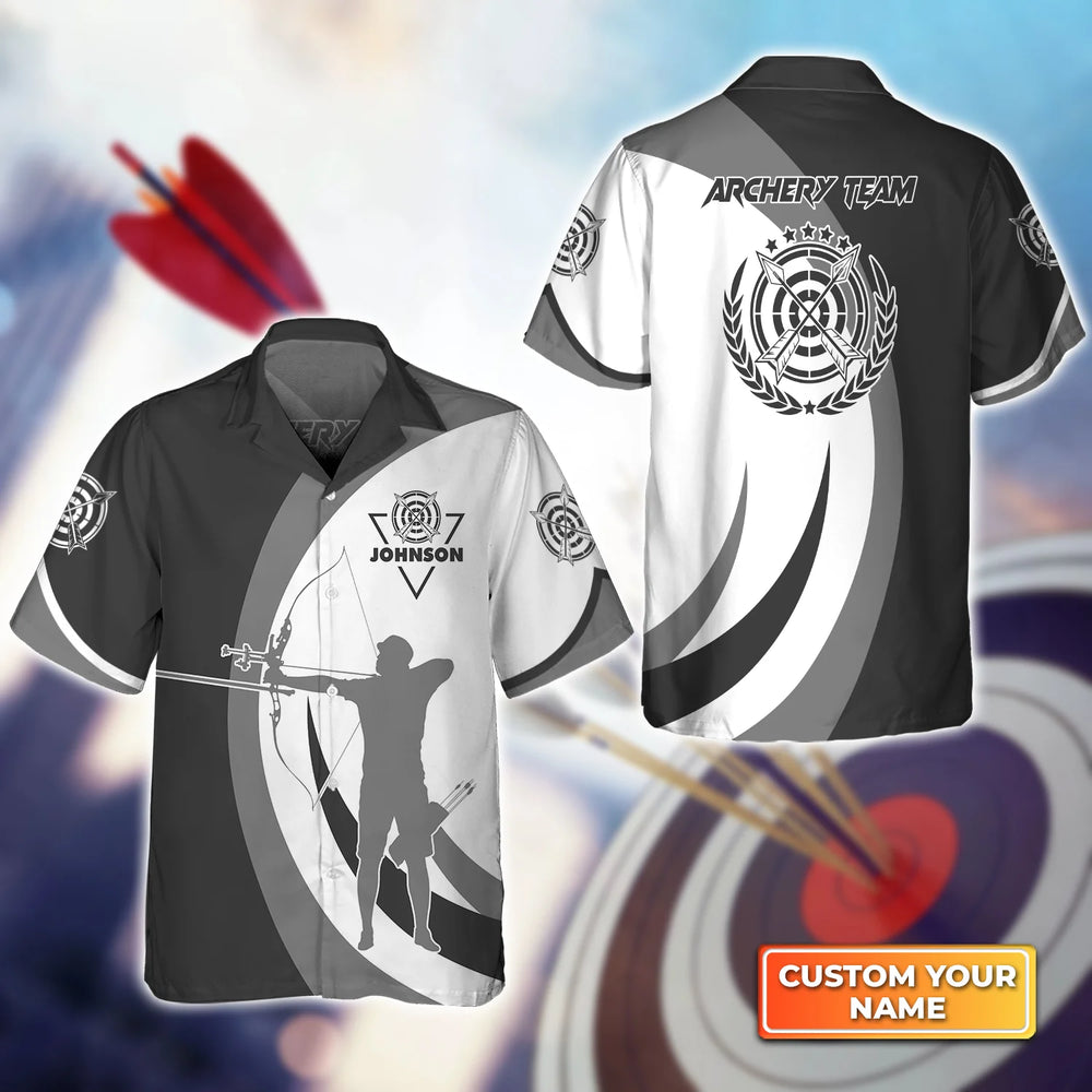 Personalized Name 3D Hawaiian Shirt with Black and Grey Silhouette Archery Target Design – Perfect Gift for Fans of Archery Sports – ARH016