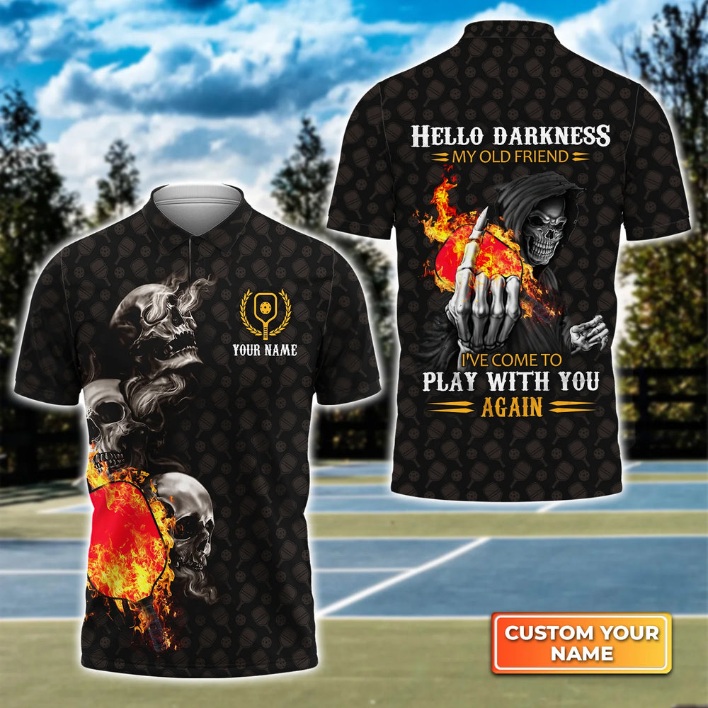 Personalized Name 3D Polo Shirt with Pickleball Skull and “Hello Darkness My Old Friend” – Perfect Gift for Pickleball Players – PIP011