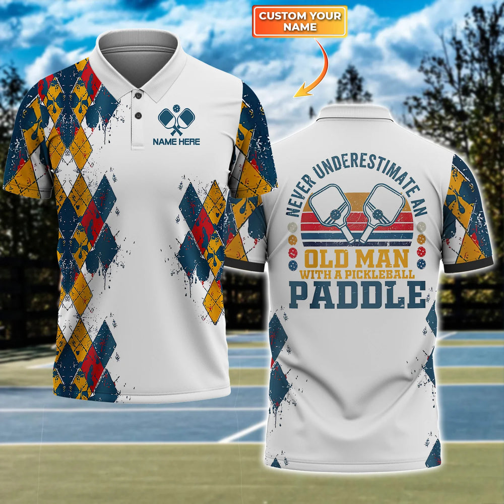 Pickleball Player’s Gift: Never Underestimate an Old Man with a Pickleball Paddle Polo Shirt – Customizable 3D Design – PIP012
