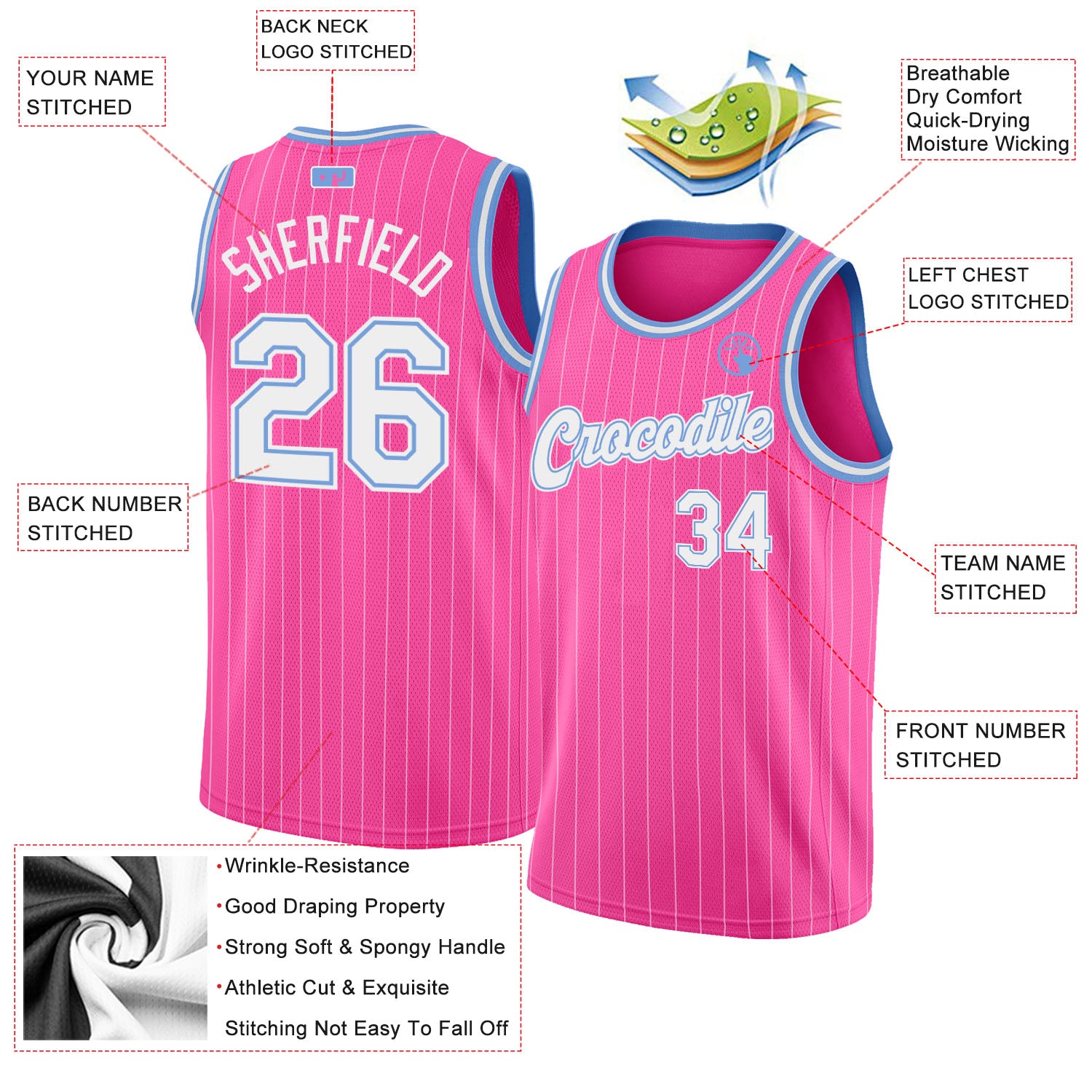 custom pink white pinstripe white light blue authentic basketball jersey v8cur