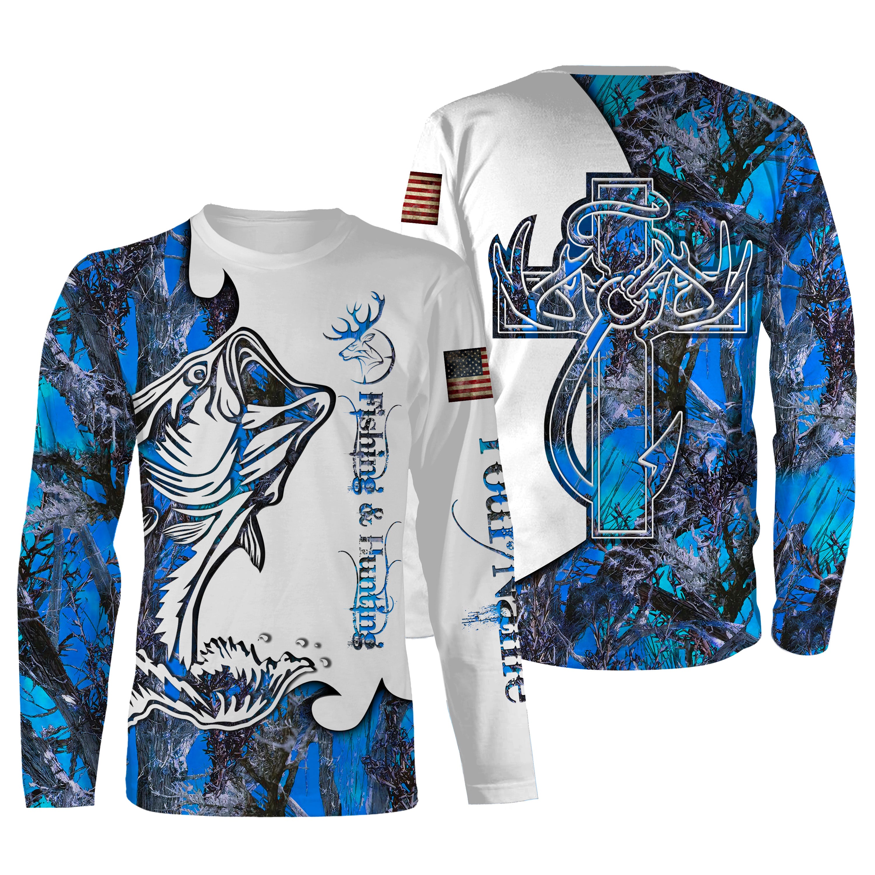 Fishing and Hunting Deer and Bass blue camo all over print Shirt, Hoodie – Personalized Gifts FSD3189